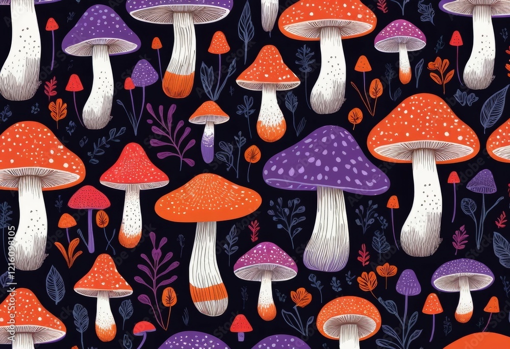 Autumn Forest Mushrooms Seamless Pattern: Vibrant Orange and Purple Toadstools with Dark Background Autumn Forest Mushrooms Seamless Pattern: Vibrant Orange and Purple Toadstools with Dark Background