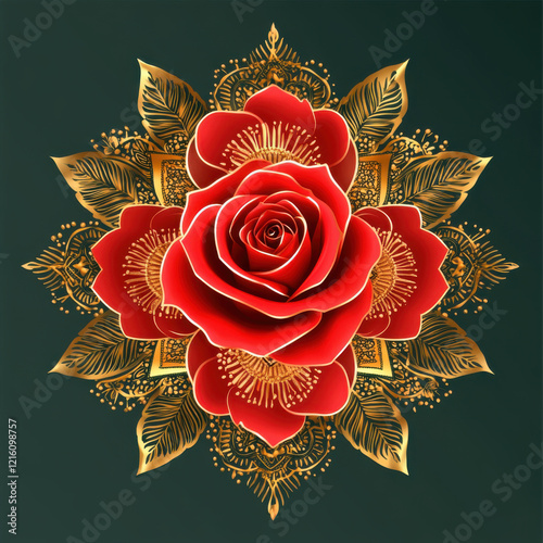 stunning red rose surrounded by intricate gold mandala patterns on dark green background, evoking sense of elegance and beauty photo