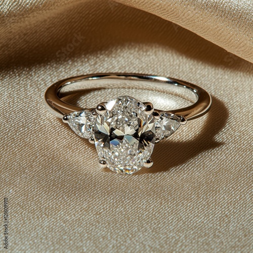 Oval diamond three-stone engagement ring on silk