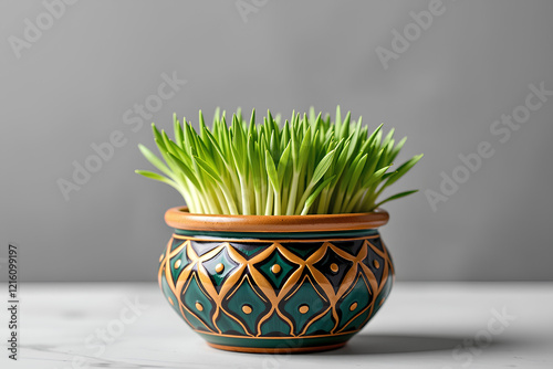 Vibrant Haft-Seen Sabzeh in Decorative Pot for Nowruz Celebration, Spring Festivities and New Beginnings photo