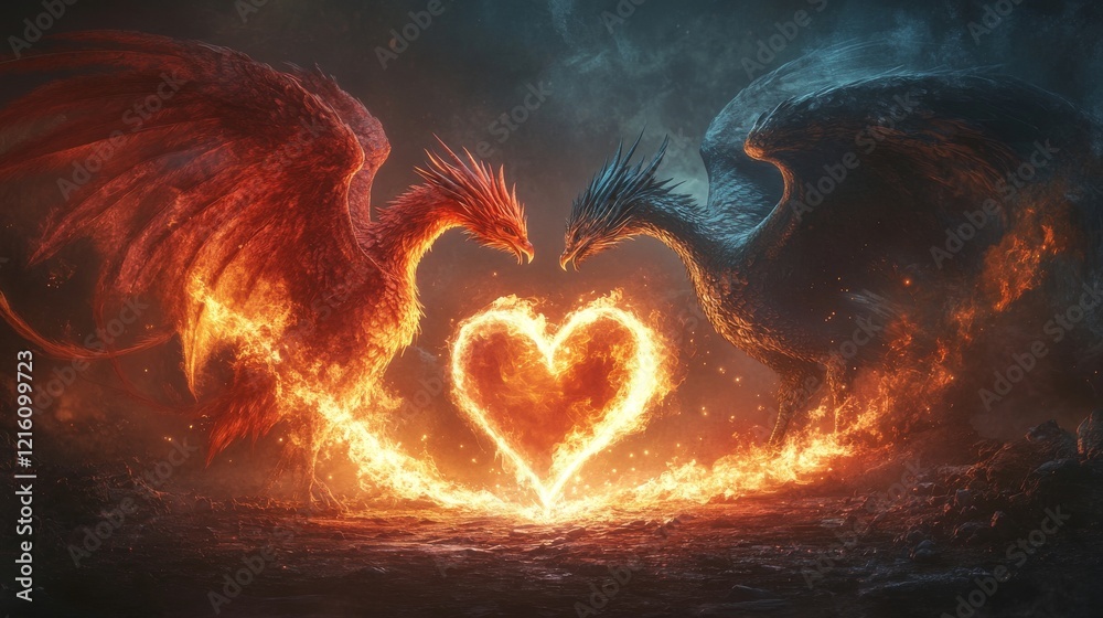 custom made wallpaper toronto digitalEpic battle of fiery dragons in heart-shaped flames fantasy realm digital art