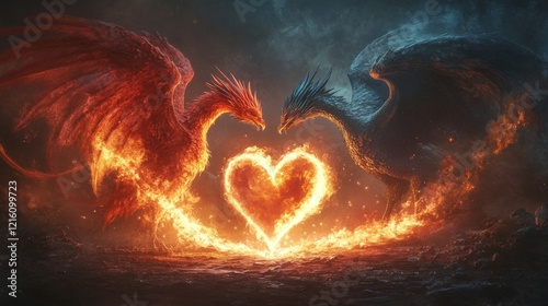 Wallpaper Mural Epic battle of fiery dragons in heart-shaped flames fantasy realm digital art Torontodigital.ca