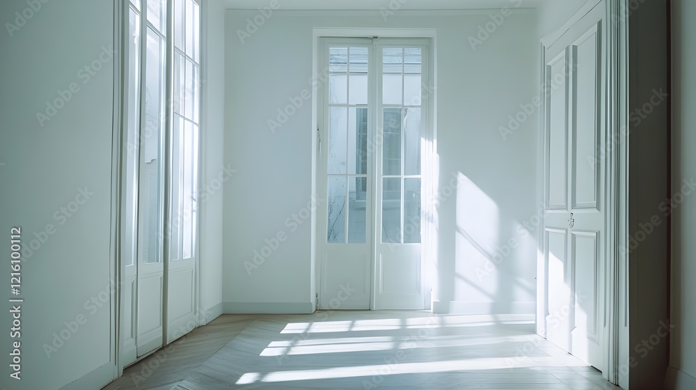 a bright, empty hallway with white walls, doors, and windows. Sunlight streams through the windows, casting shadows on the floor. a bright, empty hallway with white walls, doors, and windows. Sunlight streams through the windows, casting shadows on the floor.