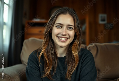 Wallpaper Mural Portrait of a smiling woman in a dimly lit room Torontodigital.ca