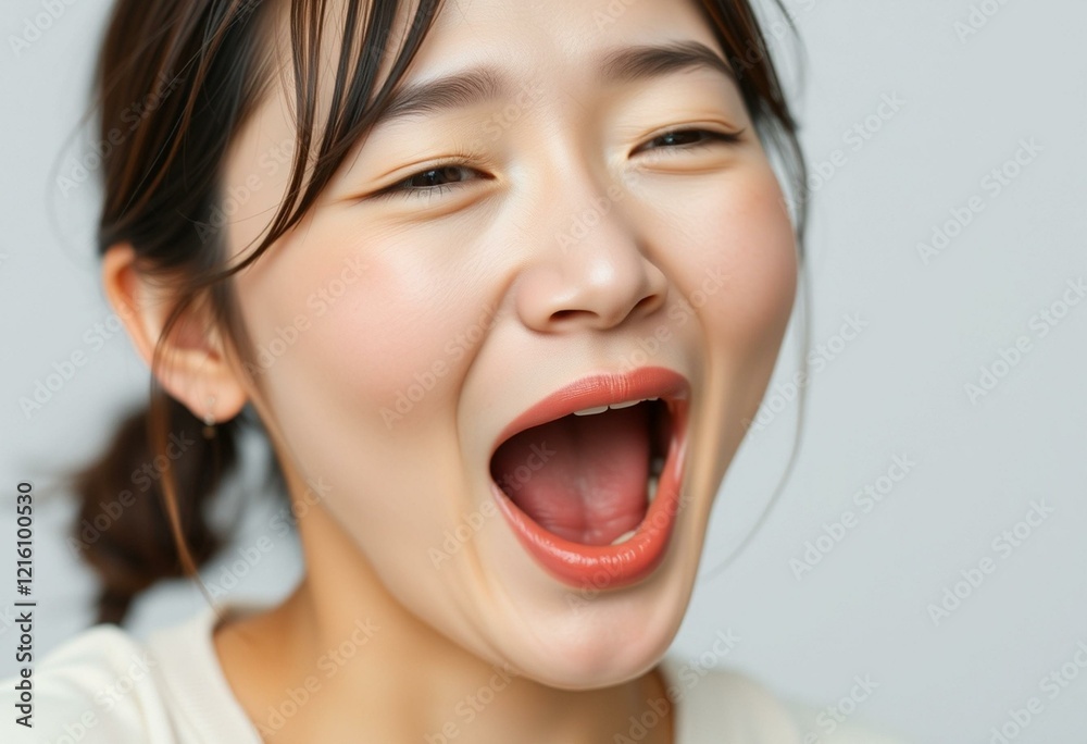 Portrait of a yawning Asian female with a relaxed expression Portrait of a yawning Asian female with a relaxed expression