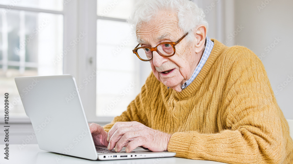 Elderly man focused on typing on laptop, wearing glasses and cozy sweater. bright indoor setting enhances atmosphere of concentration and engagement Elderly man focused on typing on laptop, wearing glasses and cozy sweater. bright indoor setting enhances atmosphere of concentration and engagement