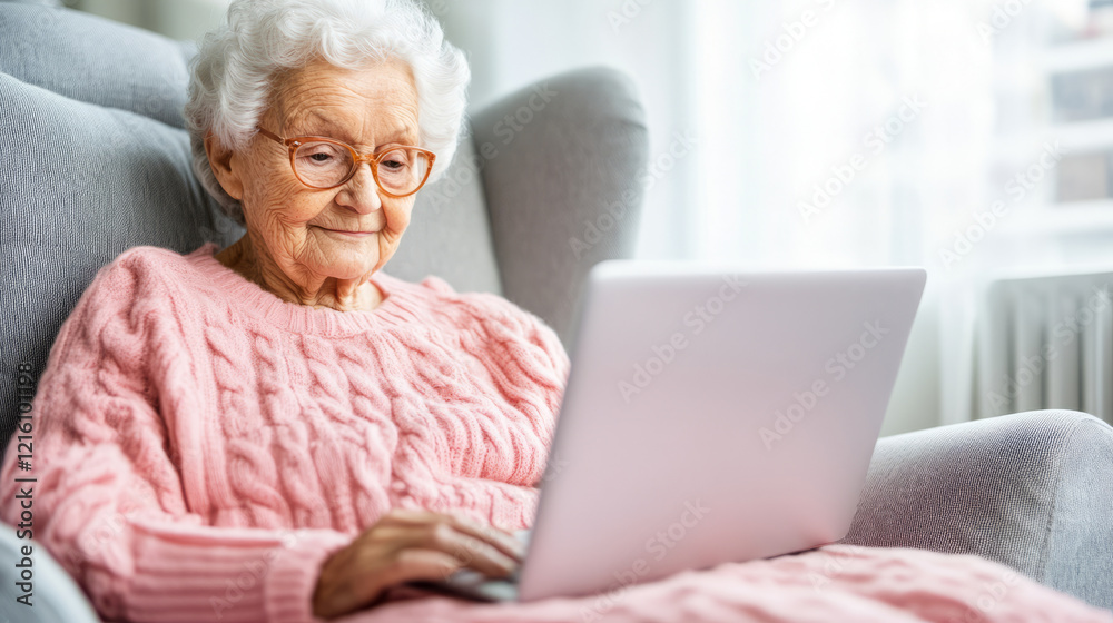 Closeup of elderly woman in pink sweater using laptop, showcasing her engagement with technology and cozy indoor setting. warm atmosphere surrounds her Closeup of elderly woman in pink sweater using laptop, showcasing her engagement with technology and cozy indoor setting. warm atmosphere surrounds her