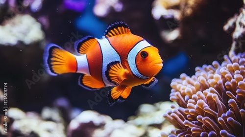 Vibrant orange and white clownfish swimming amidst coral reef. photo
