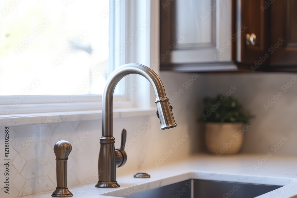Kitchen sink faucet, bronze finish, window view, plant Kitchen sink faucet, bronze finish, window view, plant