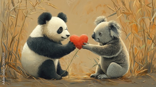 Panda and koala sharing heartful moment enchanted forest cute animals whimsical close-up friendship photo