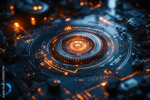 An abstract image of a robot?? gear system, illuminated in a high-tech setting