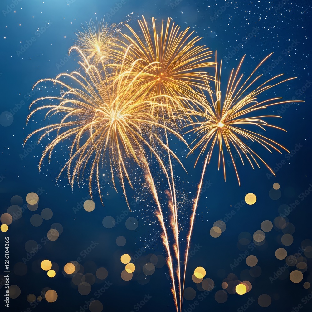 Fototapeta premium Golden Fireworks Burst Night Sky Bokeh, Celebration, New Year, Festival, Party fireworks, bokeh