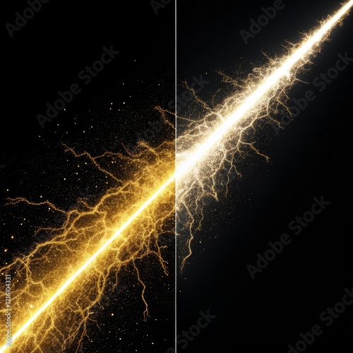 Golden Energy Split Abstract Particle Composition, Dual Light Beam, Bright Sparkles, Black Background, 4K resolution. Abstract, Particles photo