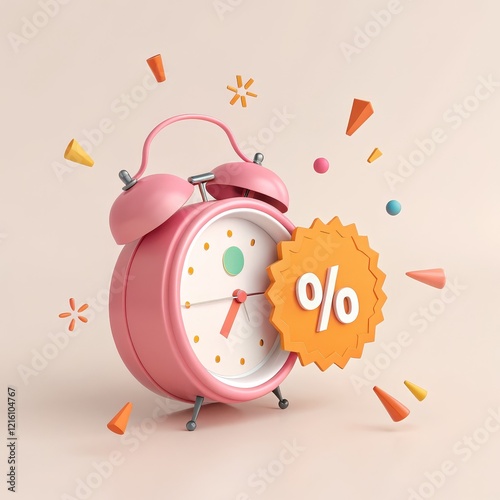 Pink Alarm Clock with Discount Percentage Sign 3D Render, Sale, Time, Discount Sale, Promotion