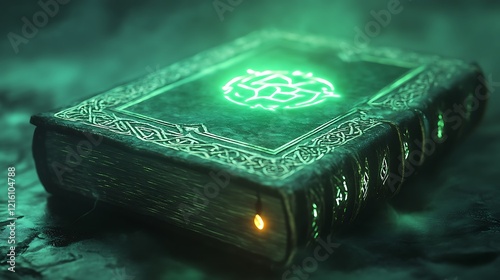 A leatherbound book glowing with runes on a mysterious neon green background photo