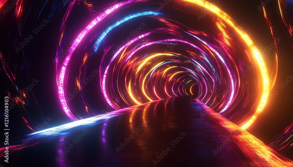 A dynamic light tunnel with glowing multicolored ribbons forming intricate patterns