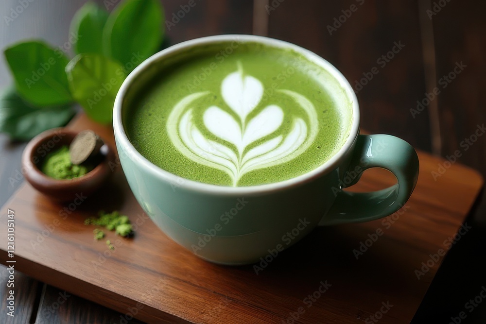 Steaming Matcha Latte with Leaf Latte Art on a Wooden Tray Steaming Matcha Latte with Leaf Latte Art on a Wooden Tray