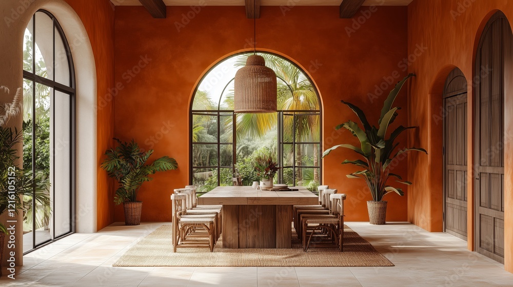 Fototapeta premium A large room with a wooden table and chairs, and a hanging lamp. The room is orange and has a tropical feel