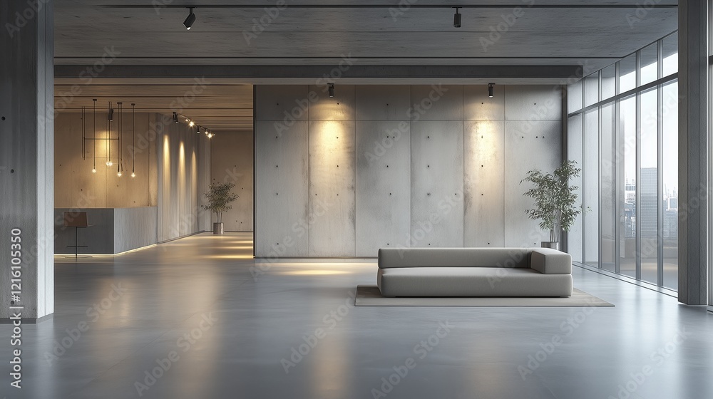 Obraz premium A large, empty room with a couch and two potted plants. The room is very clean and has a modern, minimalist design