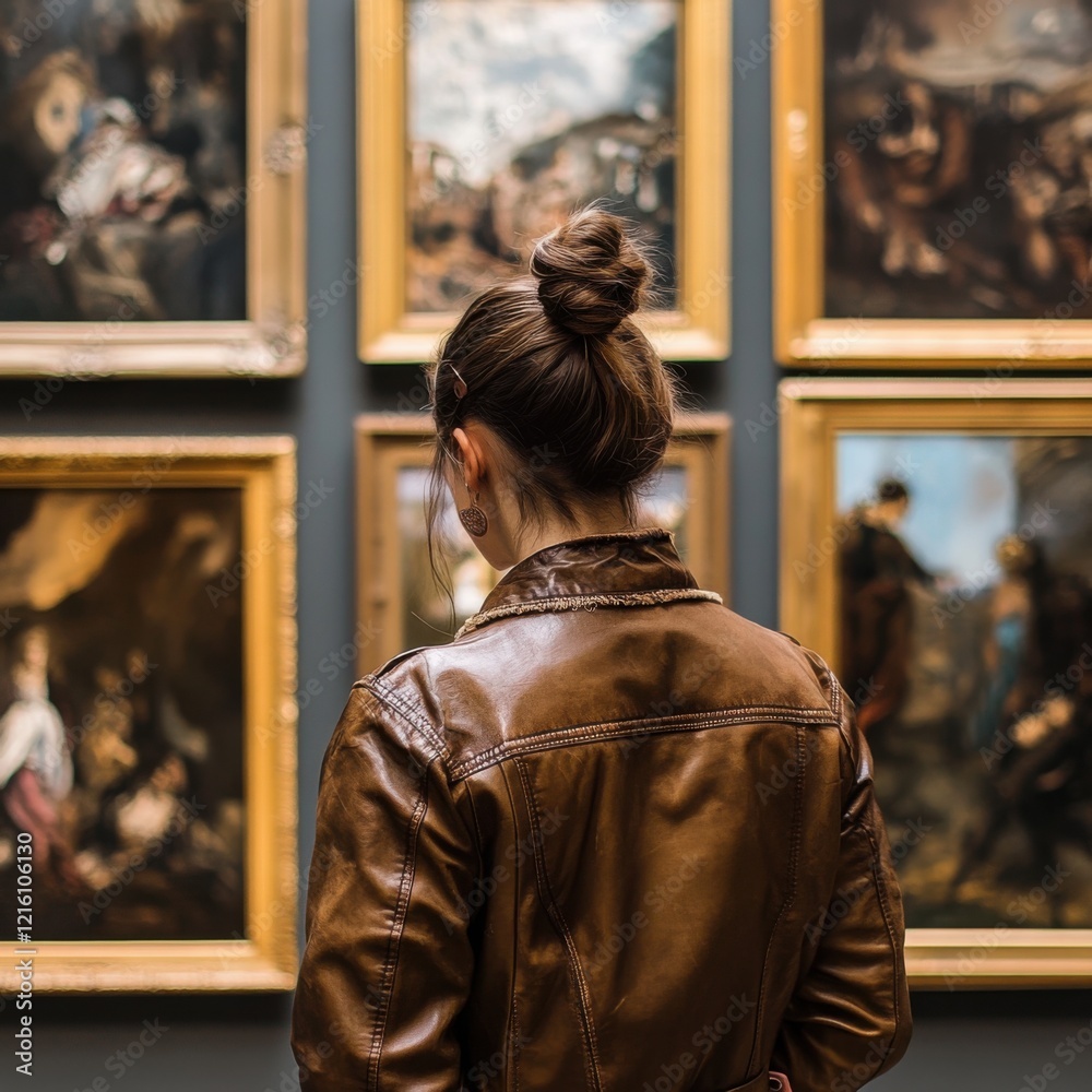 Woman in Brown Leather Jacket Appreciating Art in a Gallery Woman in Brown Leather Jacket Appreciating Art in a Gallery