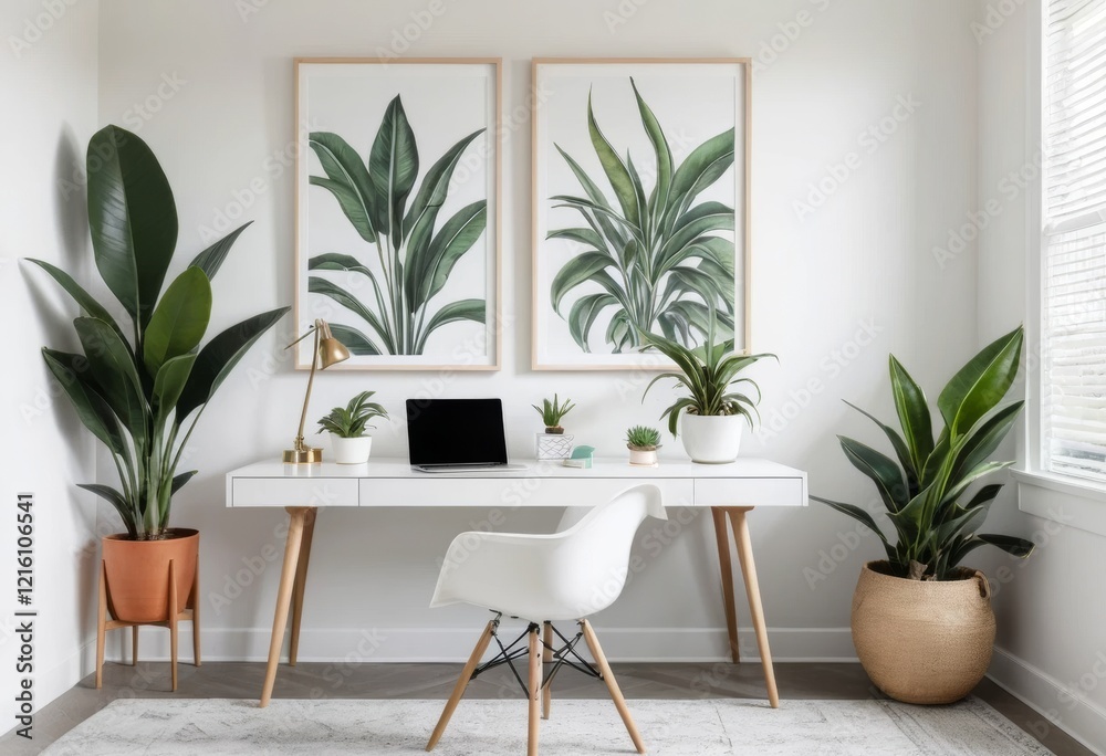 Fototapeta premium Modern Home Office Desk with Plants, Laptop, and White Chair