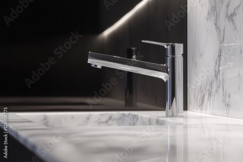 Modern chrome faucet, marble sink, dark background, bathroom design photo