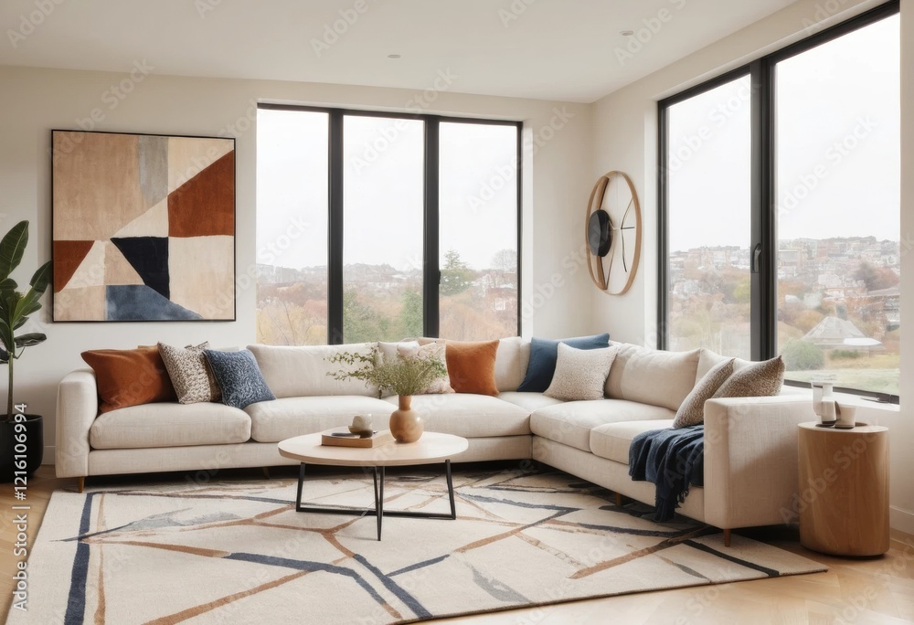 Fototapeta premium Modern Living Room Interior Design with L-Shaped Sofa, Abstract Art, and Large Windows