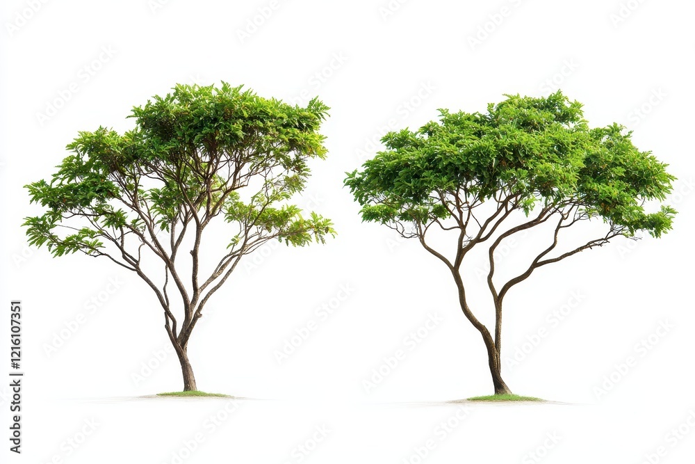Two lush green trees isolated on white background, ideal for landscaping design Two lush green trees isolated on white background, ideal for landscaping design