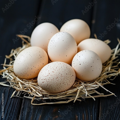 Fresh eggs in hay nest on dark wood