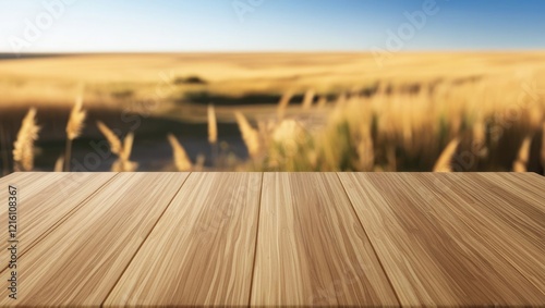 Empty Wooden Tabletop Awaits in a Golden Wheat Field