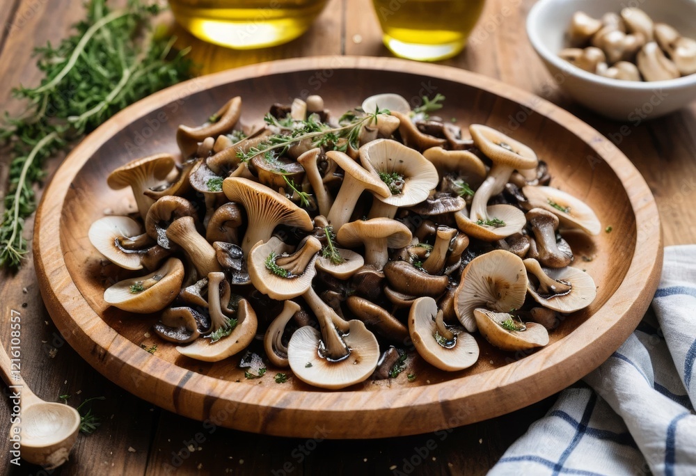 Fototapeta premium Savory Roasted Mushrooms with Thyme on Rustic Wooden Plate, Gourmet Food Photography
