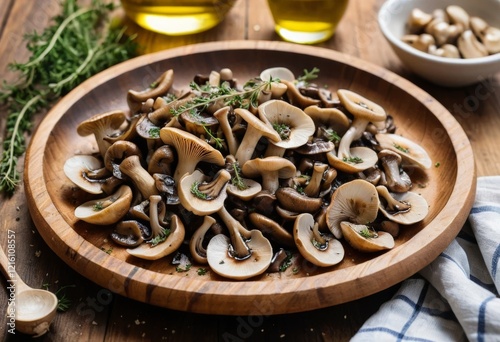 Wallpaper Mural Savory Roasted Mushrooms with Thyme on Rustic Wooden Plate, Gourmet Food Photography Torontodigital.ca