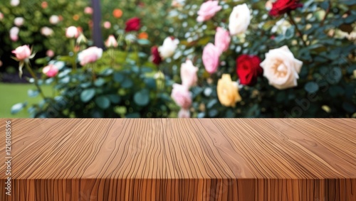 Wooden tabletop with a blurred background of beautiful roses
