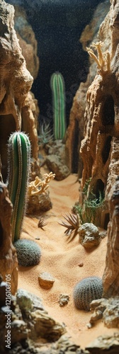 Desert canyon diorama, cacti, sand, rocks photo