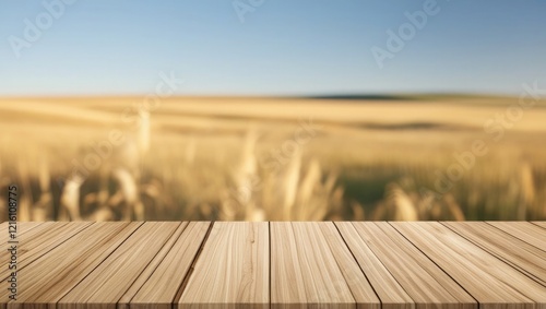 Empty Wooden Tabletop Awaits in a Golden Wheat Field