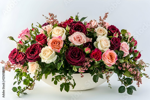 A mix of hybrid tea and floribunda roses in a floral arrangement