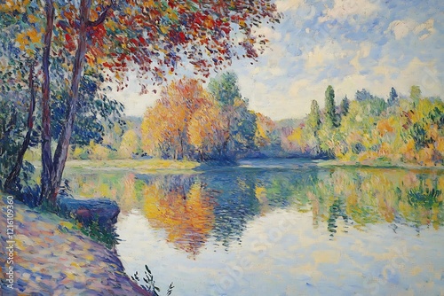 Autumnal River Scene, Vibrant Impressionistic Painting