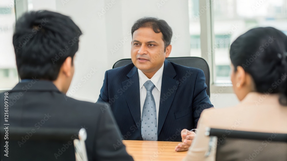 Indian HR Manager Conducting Performance Appraisals - An Indian HR manager discussing performance appraisals with employees in an office meeting.
Indian HR Manager Conducting Performance Appraisals - An Indian HR manager discussing performance appraisals with employees in an office meeting.