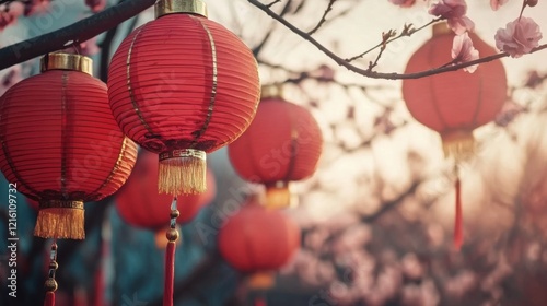 Glowing red Chinese lanterns set amidst a floral background. Perfect for web banners, illustrations, and postcard themes celebrating Chinese New Year festivities.