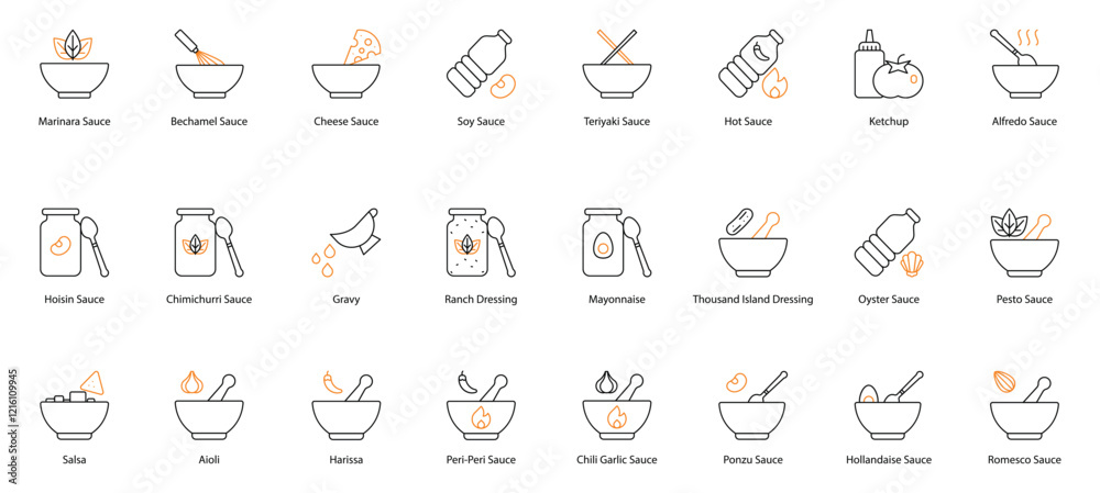 Sauce Vector Icon Set: Marinara, Bechamel, Cheese, Soy, Teriyaki, Hot, Ketchup, Alfredo, Hoisin, Chimichurri, Gravy, Ranch Dressing, Mayonnaise, Thousand Island, Oyster, Pesto, Salsa, Aioli, Harissa Sauce Vector Icon Set: Marinara, Bechamel, Cheese, Soy, Teriyaki, Hot, Ketchup, Alfredo, Hoisin, Chimichurri, Gravy, Ranch Dressing, Mayonnaise, Thousand Island, Oyster, Pesto, Salsa, Aioli, Harissa