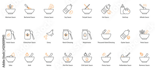 Sauce Vector Icon Set: Marinara, Bechamel, Cheese, Soy, Teriyaki, Hot, Ketchup, Alfredo, Hoisin, Chimichurri, Gravy, Ranch Dressing, Mayonnaise, Thousand Island, Oyster, Pesto, Salsa, Aioli, Harissa 