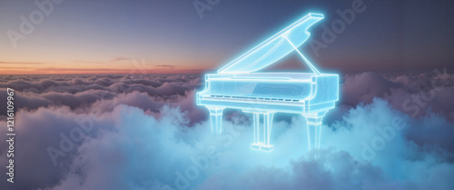 Holographic piano floating in dreamlike clouds at sunset, surreal concept