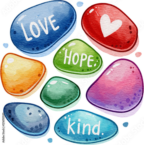 Watercolor illustration of colorful stones inscribed with words like “Love,” “Hope,” and “Kind,” symbolizing positivity and inspiration.