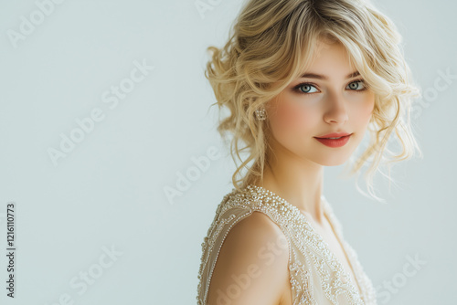 Beautiful young woman light shadow smile on her face half turned towards the viewer 1920s dressed in a gatsby style dress, a beaded embroidered dress, adorned with shiny pearls. Blonde hair photo