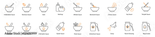 auce Vector Icon Set: Aioli, Chili Garlic, Harissa, Ponzu, Peri-Peri, Brown, Bechamel, Chimichurri, Cheese, Gravy, Soy, Ranch Dressing, Mayonnaise, Hot, Barbecue, Thousand Island, and Mustard