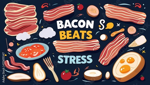 Bacon Beats Stress Delicious Breakfast Food Illustration photo