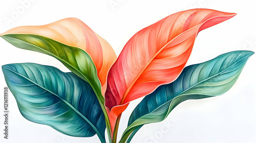 Colorful tropical leaves, vibrant foliage, white background, botanical illustration, home decor