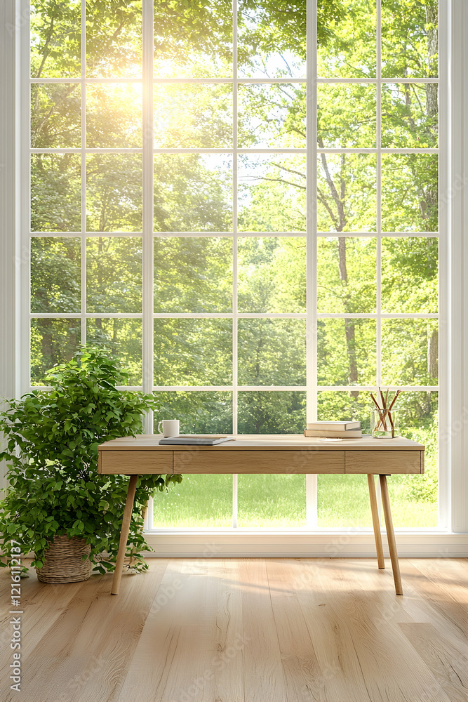 Fototapeta premium Desk near large window overlooking lush green garden; sunlight streams in. Ideal for home office, calm workspace