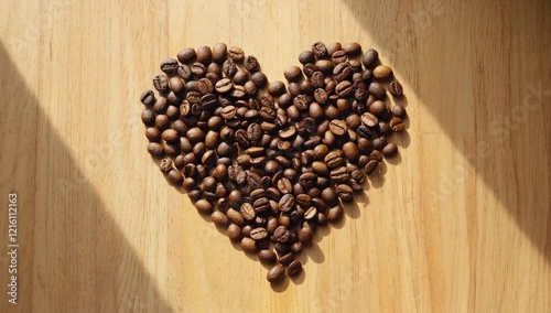 Coffee Love: A heart-shaped arrangement of roasted coffee beans on a warm wooden surface, bathed in soft sunlight. The simple yet evocative image suggests a love for coffee and its comforting aroma.