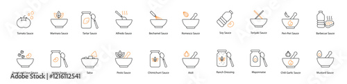 Sauce Vector Icon Set: Tomato, Sweet and Sour, Marinara, Hoisin, Tartar, Salsa, Alfredo, Pesto, Bechamel, Romesco, Soy, Teriyaki, Peri-Peri, Barbecue, Chimichurri, Aioli, Ranch Dressing, Mayonnaise 